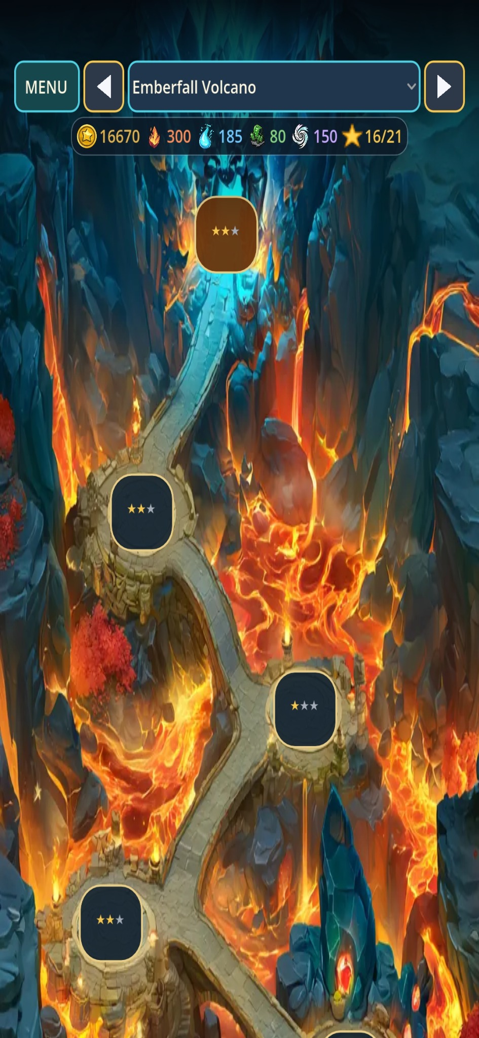 Emberfall Volcano Journey mode fantasy map with winding path and stage markers