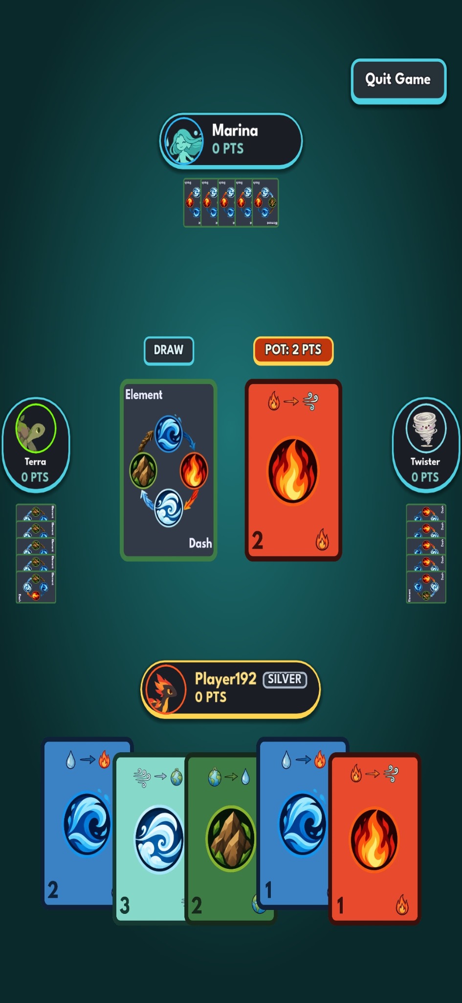 Element Dash classic elemental card battle with five cards in hand