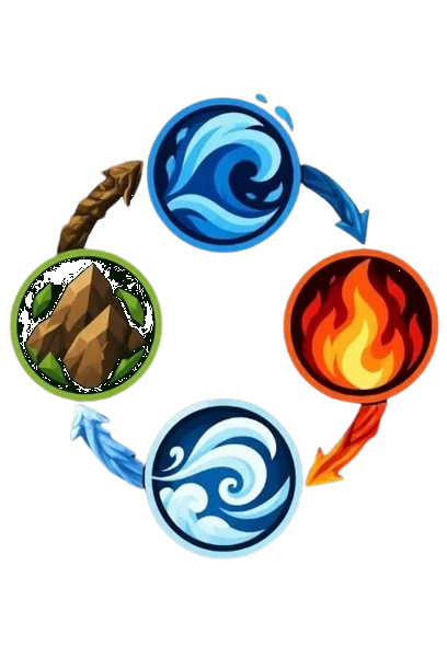 Element cycle showing Water beats Fire, Fire beats Air, Air beats Earth, and Earth beats Water.
